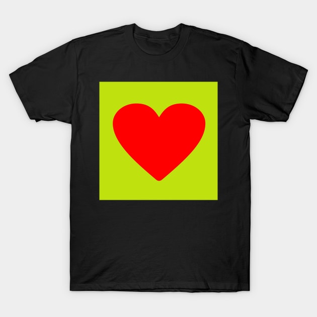 Red heart on lime green T-Shirt by redumbrellashop